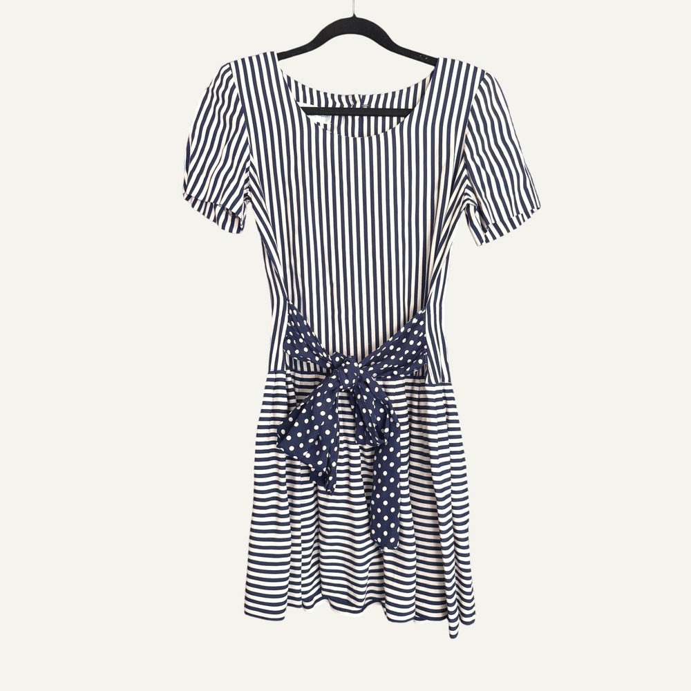 Vintage Donna Ricco Navy White Striped Polka Dot Bow Dress USA